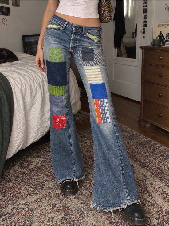 Levi's Denim - VINTAGE INSANE 1970s Levi’s Women’s Blue Patchwork Handmade Bell Bottoms